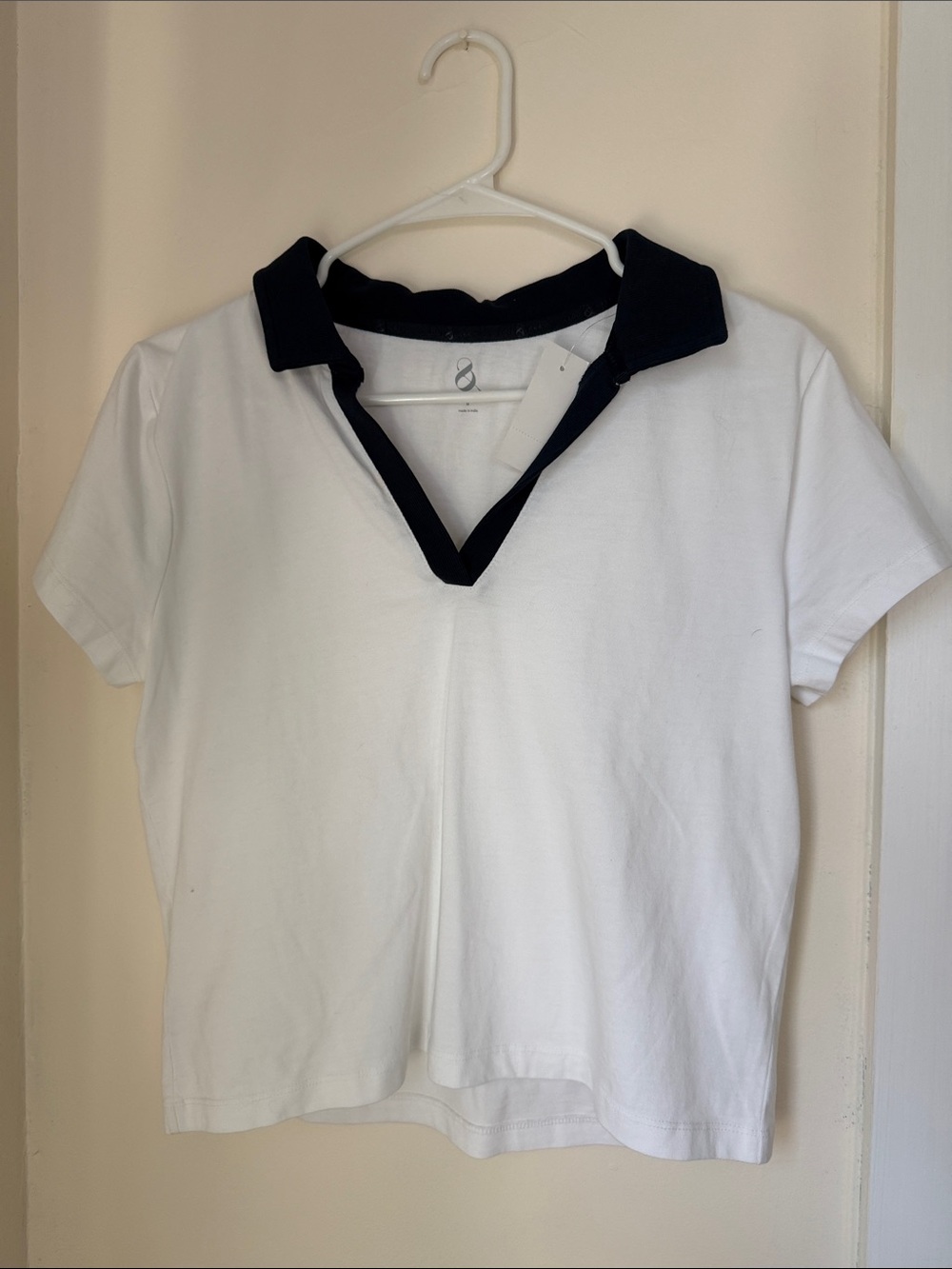 Women’s White Short-Sleeve Polo Tee with Black Contrast Collar
